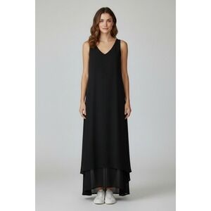 LOGO Lori Goldstein Maxi Dress Womens XL Black V-Neck Sheer Hem Layered